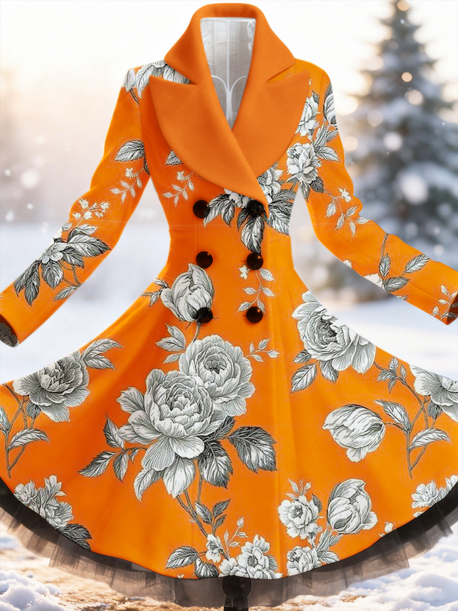Retro Artistic Floral Print Vintage Elegance Lapel Button Up Long Sleeve Coat Dress